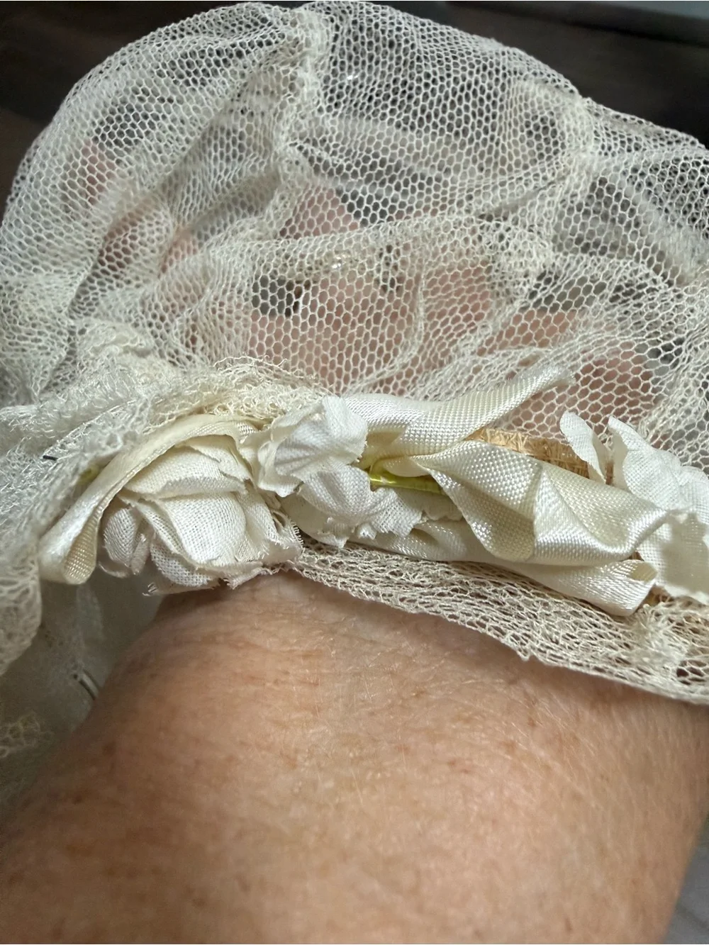 Vintage 1920s Juliet Cap Veil with Silk Floral Accents & Lace Netting